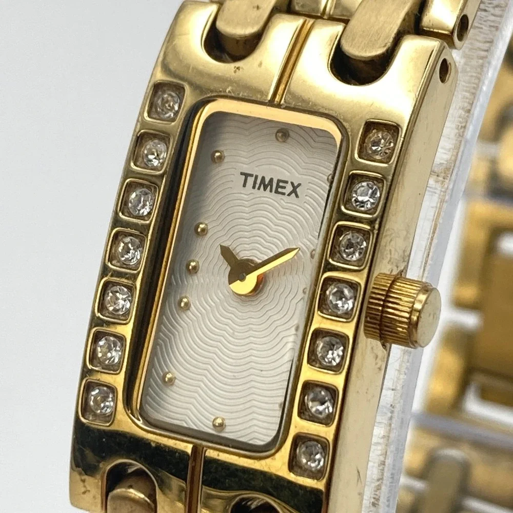 Timex Women's Tank Watch 17mm Gold Tone Crystals Petite New Battery 6.25